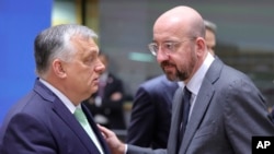 Orbán Viktor miniszterelnök és Charles Michel, az Európai Tanács elnöke Brüsszelben 2023. március 23-án