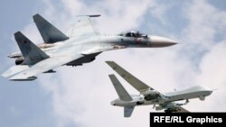 Российский Су-27 и американский беспилотник MQ-9 Reaper, коллаж