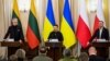 Președintele lituanian Gitanas Nauseda (stânga), președintele ucrainean Volodimir Zelenski (centru) și președintele polonez Andrzej Duda, Liov, Ucraina, 11 ianuarie 2023.
