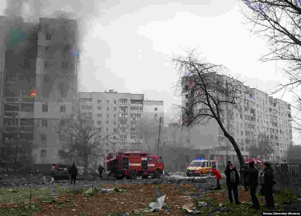 UKRAINE - Flames and smoke billows from a residential building damaged by recent shelling, as Russia's invasion of Ukraine continues, in Chernihiv, Ukraine March 3, 2022
