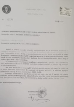 Documentul transmis Spitalului Colentina de către Ministerul Sănătății