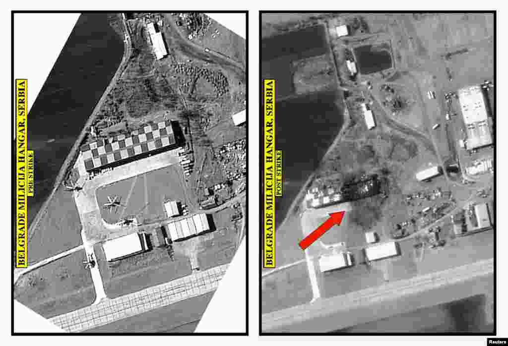 Një foto e NATO-s, e bërë nga ajri, paraqet një bazë policore afër Beogradit para dhe pas bombardimit, 7 prill1999. NATO/Reuters 