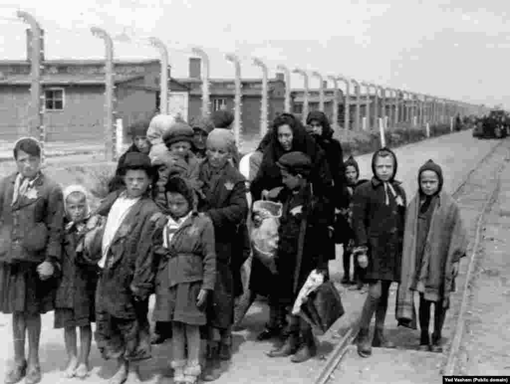 1944 жылы түсірілген оң жақтағы суретте балаларымен бірге газ камерасына бара жатқан әйел бейнеленген. Олардың арғы жағында Освенцимге қосымша салынған Биркенау лагерінің ағаш барақтары көрінеді. Соғыс біткен соң ол ғимараттар бұзылды, бірақ кірпіш қабырғалары мен мұржалары әлі күнге дейін бар.
