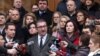 Претседателот на ВМРО-ДПМНЕ, Кристијан Мицкоски и пратениците од ВМРО-ДПМНЕ во Собранието, на прес- конференција пред Собранието. 