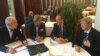 Еврокомесарот за проширување Јоханес Хан со тројцата европратеници Иво Вајгел, Ричар Ховит и Едвард Кукан