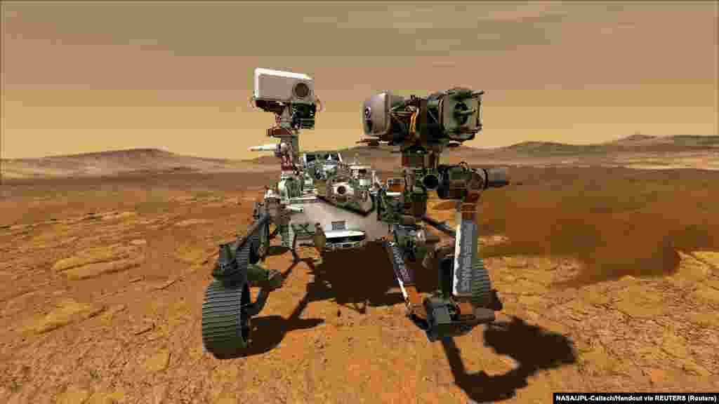 A NASA Perseverance marsjárója az eddigi legnagyobb, legnehezebb és egyben legfejlettebb jármű, amelyet a vörös bolygóra küldtek. Ezt az illusztrációt az amerikai Jet Propulsion Laboratory készítette.