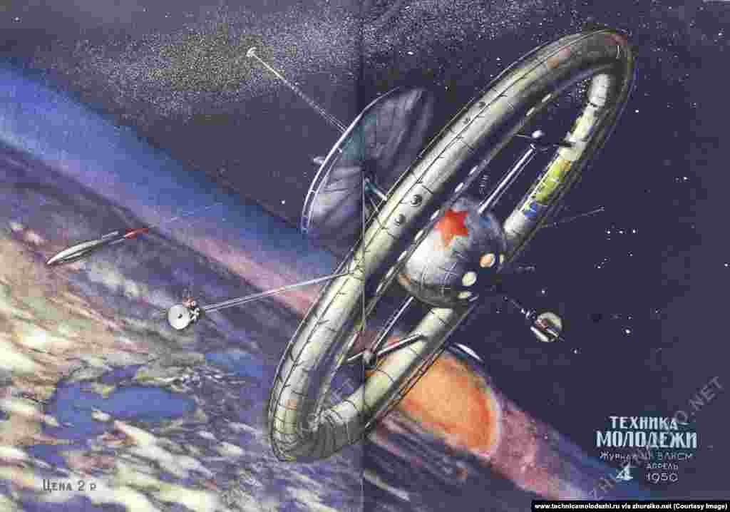An orbiting space station illustrated on a 1950 cover, 48 years before the launch of the International Space Station (ISS). 
